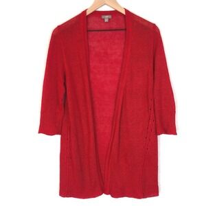 J.Jill 100% Linen Open‎ Front Knit Cardigan Sweater Sz S Red Lightweight 3/4 Slv